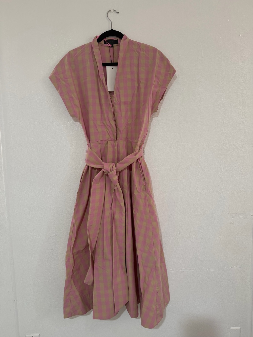 Zara Pink and Cream Plaid Tie-Waist Midi Dress